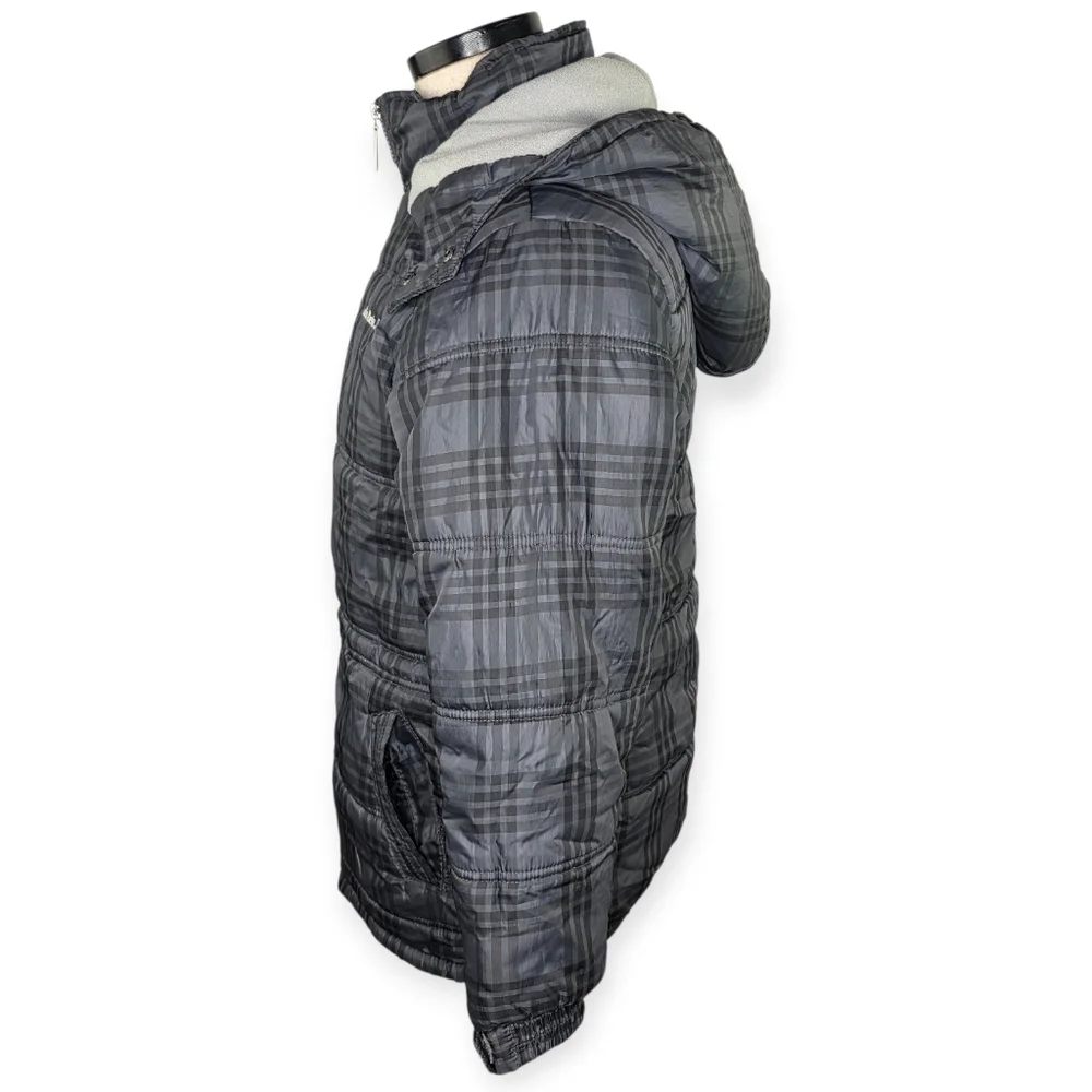 Calvin Klein Boys Gray Plaid Puffer Jacket Hooded Fleece Lined L 14-16